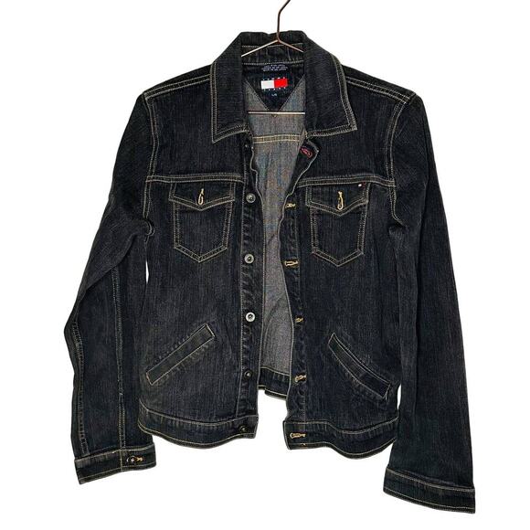 Vintage Tommy Hilfiger Black Button Front Pockets Denim Jacket Size Large - Picture 1 of 9